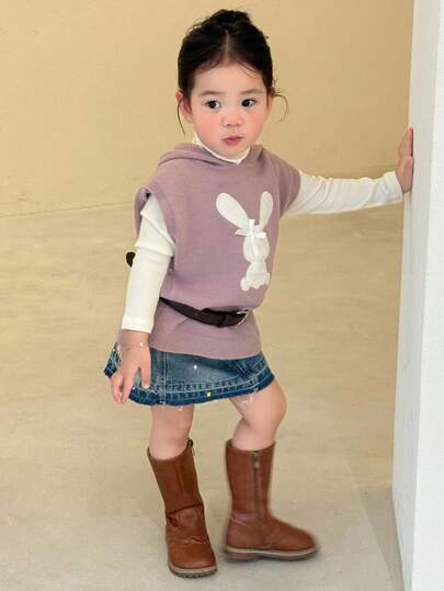DAZY Toddler Girls' Hooded Cartoon Rabbit Contrast Color Vest Korean Style Sweater