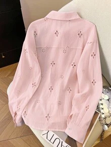 Camisa casual holgada de mujer de manga larga con bordado y abertura delantera de un solo abotonado - Verde - Ver 8