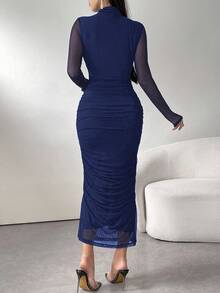 Modelyn Đầm Maxi Dài Tay Cổ Đứng Phối Lưới Xếp Ly Thanh Lịch Cho Nữ Trang Phục Đầm Dạ Hội Dài - Xanh đậm - Xem 3