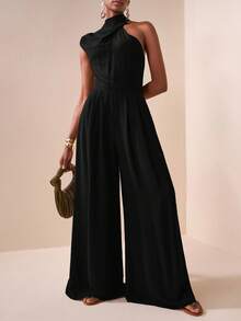 Zivah 2025新款休闲度假日常约会通勤优雅沙滩邮轮派对简约网红爆款高领毛领无袖一字肩宽松连体裤阔腿裤超长裤带口袋军绿色女连体裤 - 黑色 - 查看 6