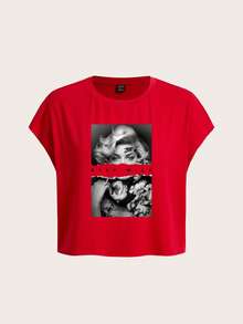 Slaydiva 女士休閒字母&角色印花圓領短袖露脐T恤，夏季適用 - 紅色 - 查看 2