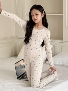 DAZY Tween Girl Butterfly Print Long Sleeve Top And Pants Pajama Set - Apricot - View 1