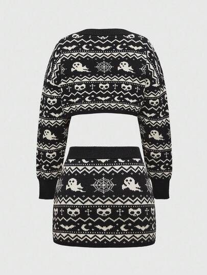 Goth Vintage Dark Gothic Skull & Ghost Jacquard Knit 2 Pieces Set: Short Cardigan + Mini Skirt, Halloween