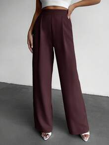 EURMUSE Women's Solid Color High Waist Pleated Wide Leg Loose Casual Pants For Work - Brown - View 3