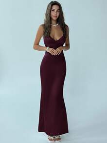 Aloruh Women's Solid Color Minimalist Everyday Cross-Tied Dress,Wedding Guest Dress Women - Maroon - View 5