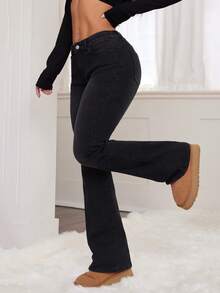 SHEIN PETITE Jeans évasés décontractés pour femmes en automne/hiver avec poches, doublure thermique, jeans en denim noir à pattes d'éléphant doublés de polaire chics pour sortir l'hiver