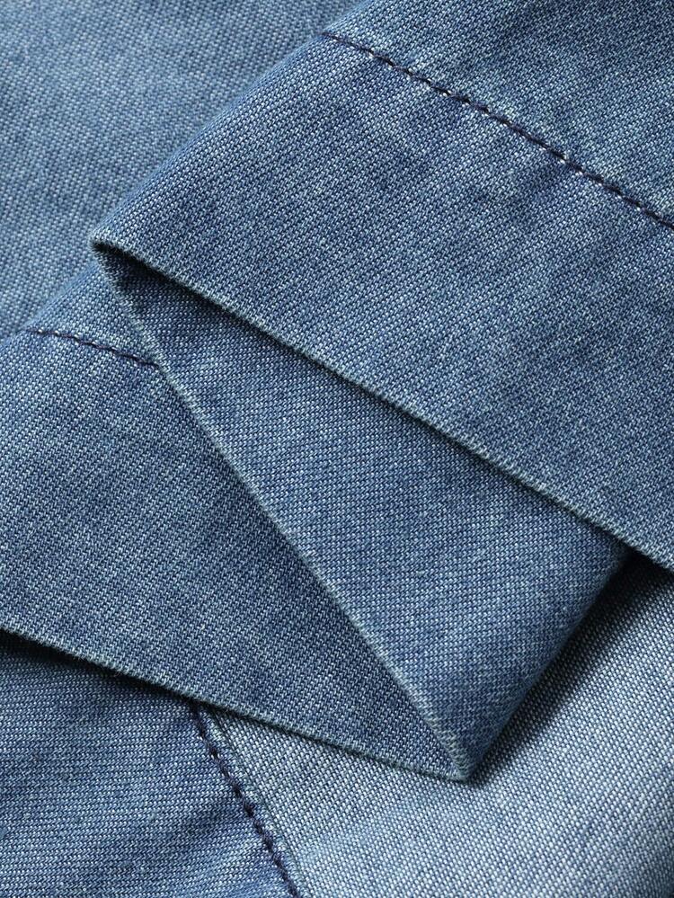 Vintage Casual Style Round Neck Cinched Waist Flared Hem Washed Denim Dress Maxi Dress