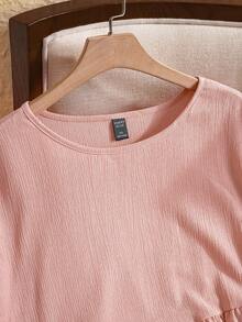 EMERY ROSE Plus Size Women's Fashionable Loose Round Neck Lace Sleeve Light Blue Shirt Mother's Day