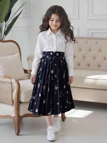 Tween Girl Floral Print Pleated Skirt - Navy Blue - View 3