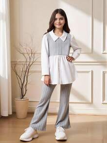 Sparklyn 2pcs/Set Tween Girls Casual Striped Long Sleeve Shirt And Flared Stretch Pants, Suitable For Autumn/Winter
