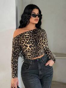 SHEIN SXY Camiseta de manga larga elegante con estampado de leopardo asimétrico, para otoño e invierno, estampado de leopardo, para salir, elegante, hombro asimétrico - Multicolor - Ver 5