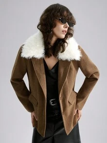 Airlisse Women's Wool Blend Textured Coat With Fur Collar - Brown - View 6