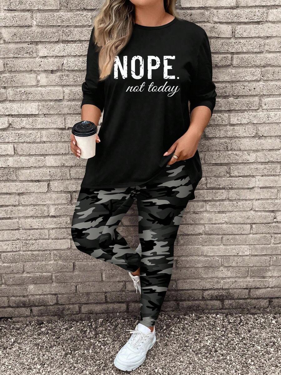 EMERY ROSE 2 件套大码女式迷彩字母印花长袖 T 恤和瑜伽裤，休闲秋冬装 - 黑色 - 查看 1