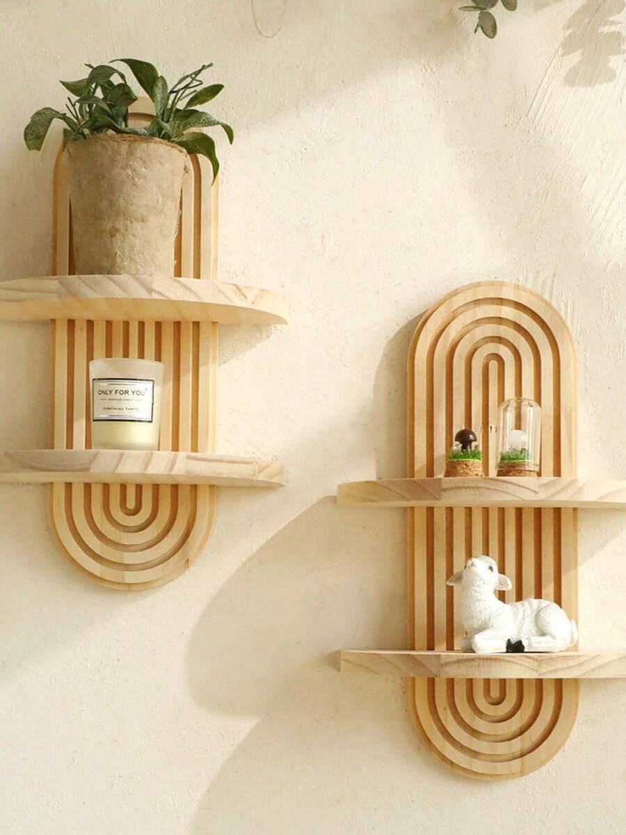 SHEIN 1pc New Solid Wood Floating Wall Shelf, Creative Plant Holder & Key Organizer, Decorative Display Rack For Living Room, Balcony & Entryway Wall Decor