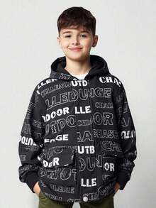 SHEIN Boys' Black Minimalist Letter Print Thermal Lined Zip-Up Hooded Jacket, Suitable For Winter Fall - Black - View 9