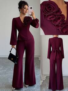 Elenzga Women's Elegant Burgundy Crossover Tie-Waist Floral Patchwork French Chic A-Line Long Sleeve Blouse And Flared Pants 2 Pieces Set, Spring/Autumn - Burgundy - View 1