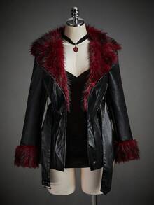 SHEIN ICON Áo khoác dạ dạ hội bằng da mềm mại màu tương phản màu đen Gothic Halloween dành cho nữ, thời trang đi làm, lông giả, chắp vá, mùa đông - màu đen - Xem 13