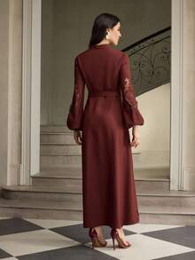 ZEYLAH Women's Solid Color V-Neck Button Design Lantern Sleeve Hollow Out Elegant Maxi Dress - Brown - View 3