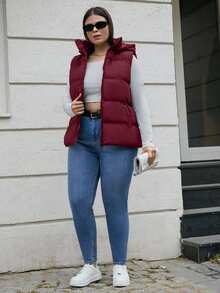 EURMUSE Veste matelassée à capuche zippée de grande taille, style Frenchy - Rouge foncé - Voir 3