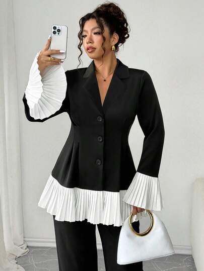 Elenzga 加大码女式腰部褶饰合身弹力黑白撞色荷叶边长袖时尚派对优雅外套