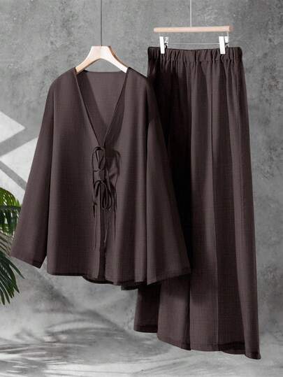 Linhara Plus Size Solid Color Minimalist Daily Tie-Up Long Sleeve Top And Pants 2 Pieces Set