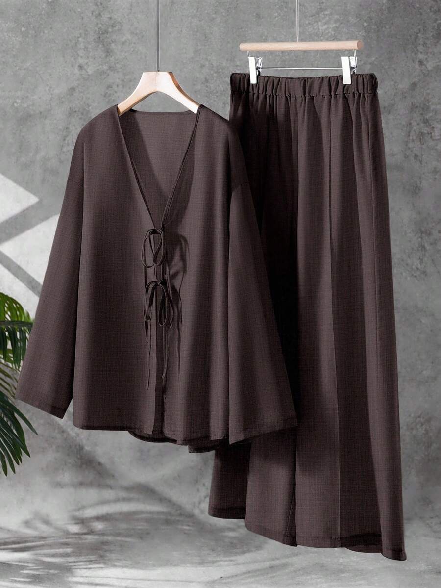 EMERY ROSE 大码纯色简约日常系带长袖上衣和裤子两件套 - 咖啡棕 - 查看 1