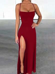 Zyxie 女士修身性感高开叉交叉带系带长裙 - 酒紅色 - 查看 3