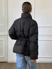 DAZY 女式简约纯色束腰V领保暖棉服外套 - 黑色 - 查看 2