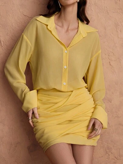 Chiquease 休闲褶皱长袖黄色连衣裙