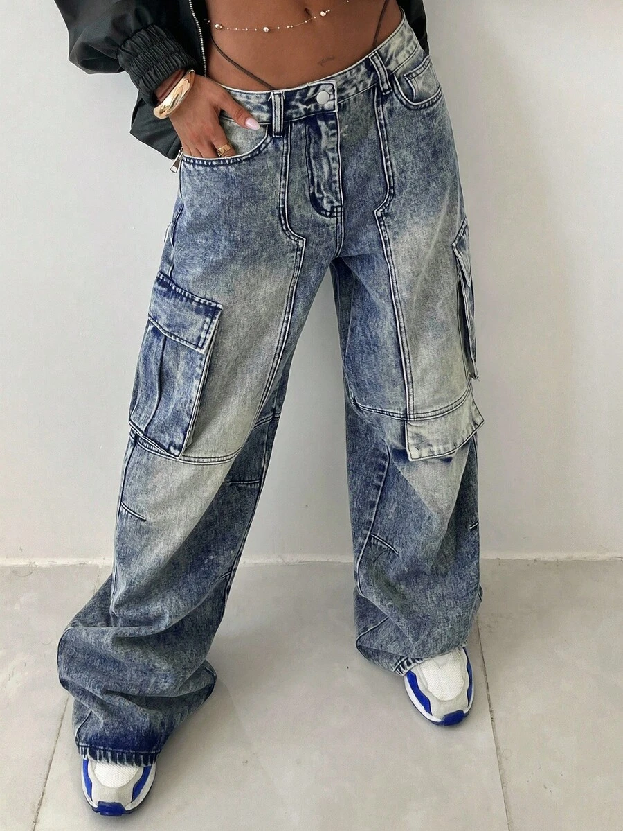 StreetHx Women's Casual Washed Wide Leg Cargo Jeans - Blue - View 1