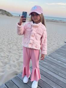 Young Girls T-Shirt Set - Pearl Black Pants & White T-Shirt Fall Winter - Pink - View 1