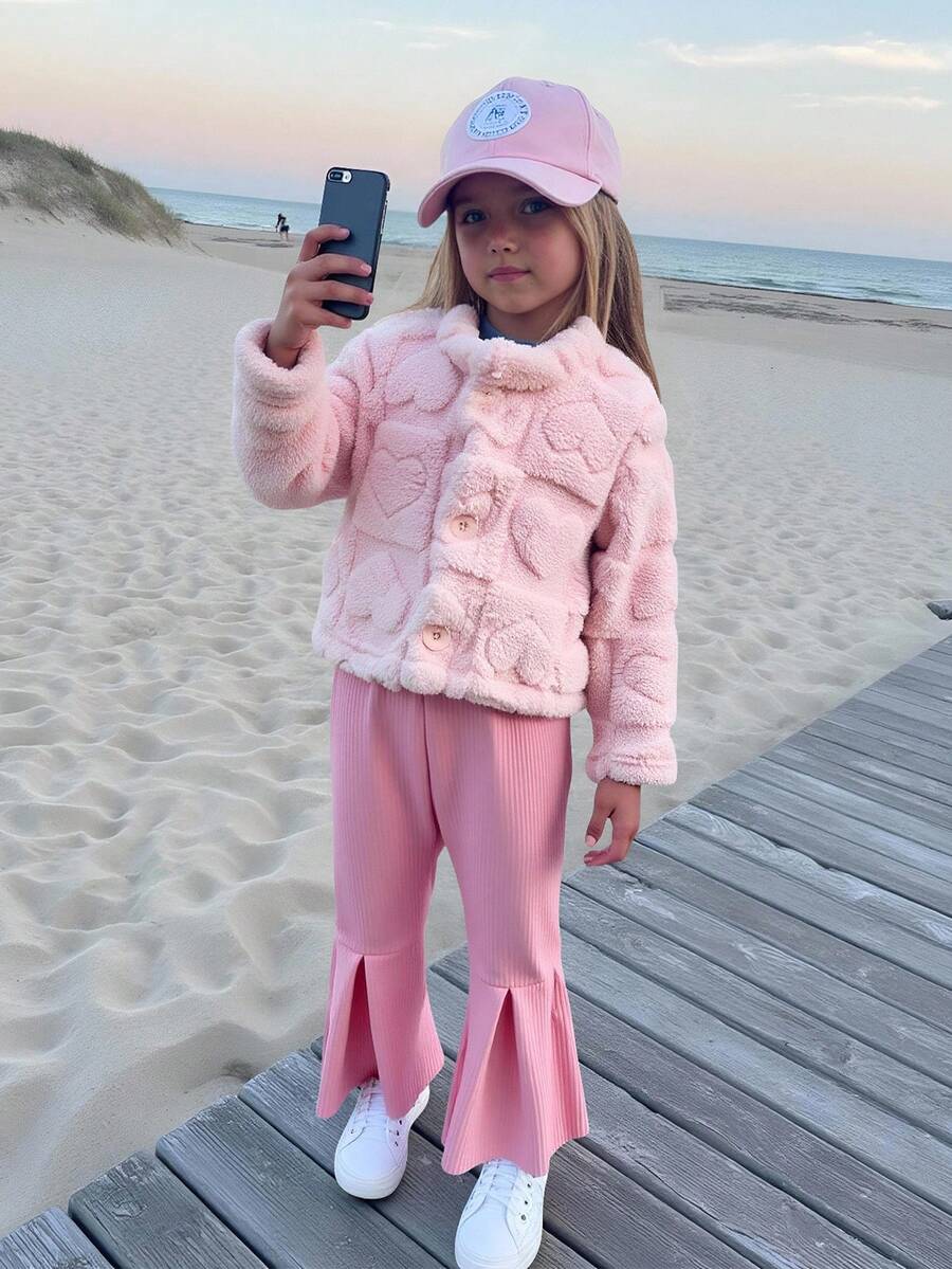 Young Girls T-Shirt Set - Pearl Black Pants & White T-Shirt Fall Winter - Pink - View 1