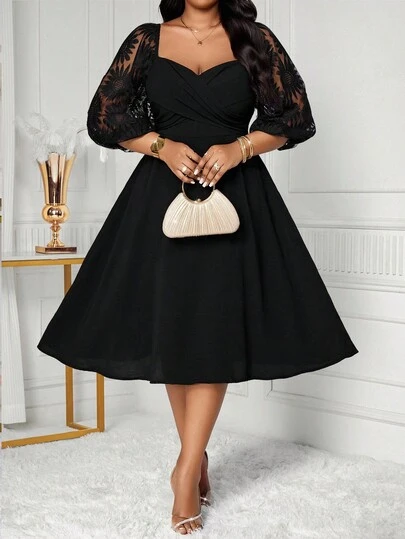 SHEIN Lady 大码纯色长袖连衣裙，简约时尚，适合夏季复活节、毕业典礼、婚礼宾客、商务休闲等场合。