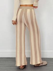 SHEIN PETITE Women Drawstring Waist Striped Knit Sweater Pants , Fall Winter - Multicolor - View 2