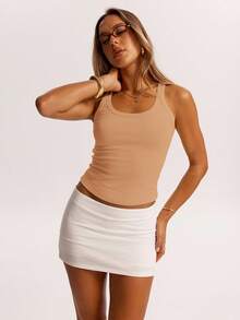 SHEIN BAE Summer 1pc/Knitted Striped Round Neck Simple Casual Tank Top Suitable For Brunch, Going Out, Dating, Commuting Leisure, Cruise Women, Ibiza - Khaki - View 3
