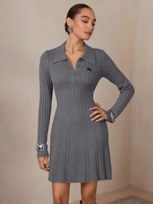 Modelyn Váy dệt kim dài tay cổ polo thêu hình ngựa đi làm cho nữ - Xám - Xem 4