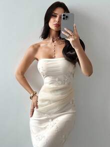 Firerie 优雅刺绣网眼高腰连衣裙，配长腰带，浪漫端庄，适合派对、约会、日常穿着，杏色 - 杏色 - 查看 5