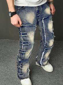 SHEIN Bolty Tween 男童时尚休闲设计感粗犷的方形三角剪裁黑色牛仔裤，弹性面料，适合日常穿着和秋季穿着，童装街头风牛仔裤，男童牛仔裤 - 深色水洗藍 - 查看 6