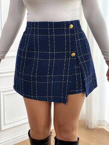 SHEIN Frenchy Plus Size Autumn And Winter Casual Plaid Asymmetric Hem Culottes, Elegant, Street Style Shorts, Fashionable Shorts, Airport Wear, Plaid Button Front Slit Culottes Plaid Skort Skorts For Women High Waisted Skort Women Skorts Plus Size Skorts