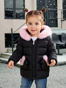 SHEIN Playful Pals 女婴新款带帽仿毛领冬季加厚外套，含手套，拉链前襟，休闲百搭，秋冬季