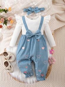 SHEIN Newborn Baby Girl Cute Casual 2 In 1 Colorblock Bow Embroidered Jumpsuit With Headband Fall Winter - Multicolor - View 1
