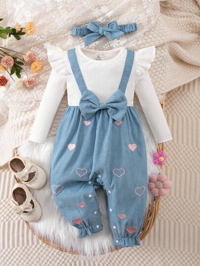 SHEIN Newborn Baby Girl Cute Casual 2 In 1 Colorblock Bow Embroidered Jumpsuit With Headband Fall Winter