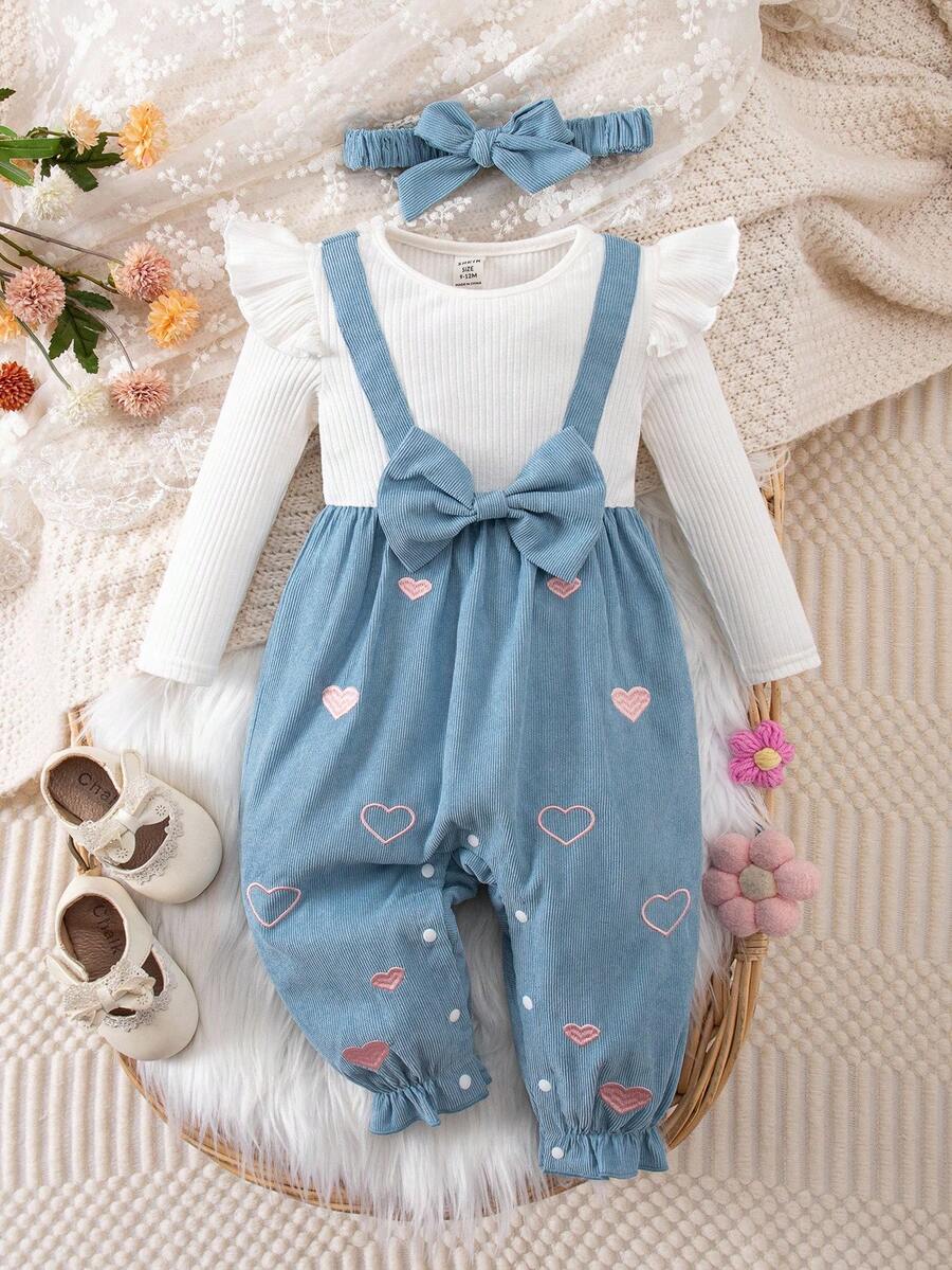 SHEIN Newborn Baby Girl Cute Casual 2 In 1 Colorblock Bow Embroidered Jumpsuit With Headband Fall Winter - Multicolor - View 1