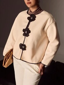 Juhart Áo khoác nữ cổ tròn tay dài phong cách Pháp mới cỡ lớn, đính hoa giả kim cương giả, viền da giả màu tương phản, mùa thu - Màu be - Xem 6