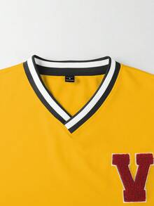 Manfinity Campus Court 男士休闲宽松V领卫衣，秋季长袖上衣 - 黃色 - 查看 5