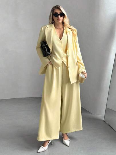 Auralis 大码女式纯色翻领长袖夹克、单排扣背心和裤子休闲套装，秋季