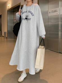 Livesso Casual Loose Long Sleeve Round Neck Women Long Dress - Grey - View 7