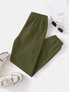 SHEIN EZwear Plus Spring Solid Elastic Waist Sweatpants Green Sweatpants - Army Green - View 5
