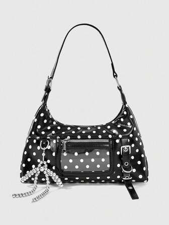 Kawaii Bolso de hombro de estilo americano con decoración de lazo con cuentas, lunares blancos sobre material de PU negro, bolsillo transparente de PVC, hebilla metálica y estilo Y2K, con sabor agridulce
