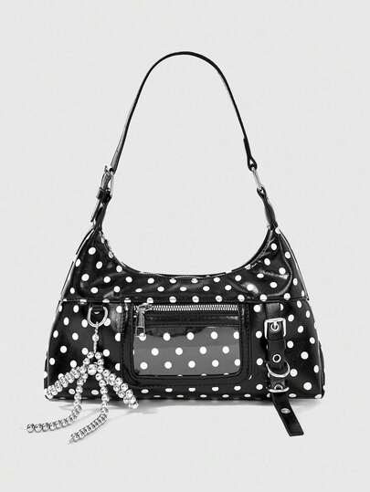 Kawaii Black PU Material White Polka Dots Decoration Beaded Bow Charm Zip Decoration PVC Transparent Pocket Metal Card Buckle Decoration Fashion Y2K Style Crescent Bag Sweet Bitter Spicy American Style With The Bag Ladies Shoulder Bag